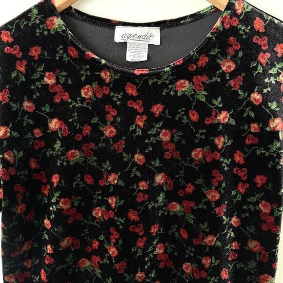 Agenda Black Red Floral Velvet Stretch Short Sleeve Top Sz S Vintage Made In USA - Picture 3 of 9